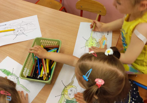 Dzieci z grupy 1 kolorują kredkami rysunek pszczółki Mai.