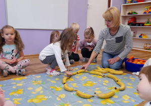 Dzieci siedzą na podłodze . Układaja kompozycje z owoców. Między dziećmi siedzi wychowawczyni kierując pracą przedszkolaków,