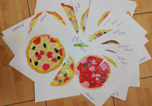 Na zdjęciu prace dzieci z grupy trzeciej. Ilustracja pizzy pocięta na kawałki. Każde dziecko złożyło porcje w całą pizzę i pokolorowało ilustracje. .