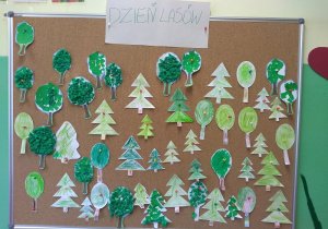 Wykonane przez dzieci prace - drzewa, wywieszone na tablicy korkowej. Całość tworzy obraz lasu. U góry pośrodku tablicy napis: Święto Lasów.